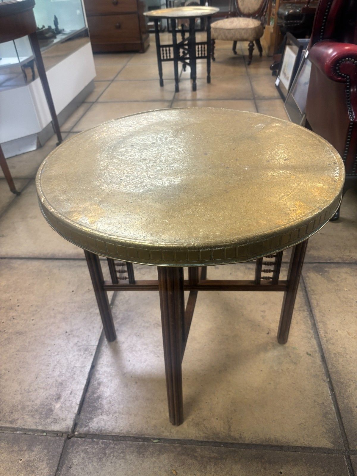 Vintage Benares Brass Tray & Wooden Legs Folding Coffee/ Side Table photo 75.0