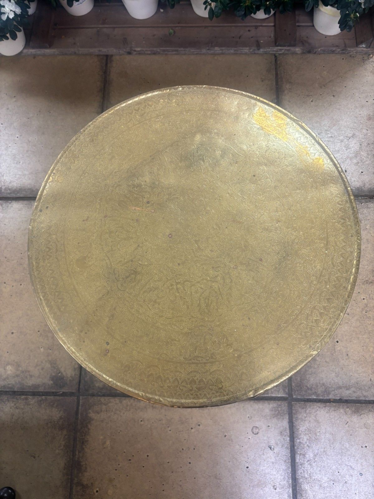 photo for sale Vintage Benares Brass Tray & Wooden Legs Folding Coffee/ Side Table