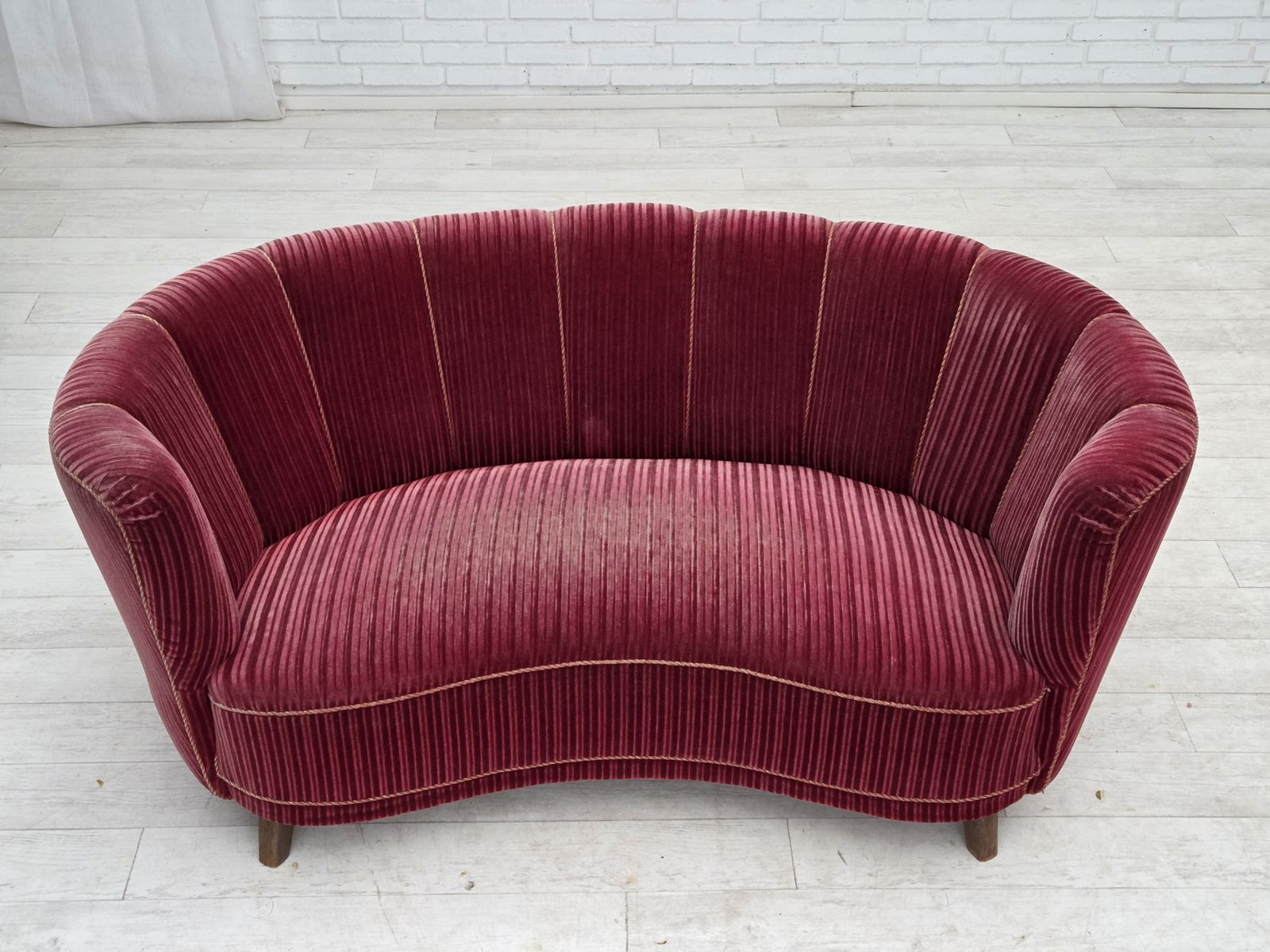1960s, Danish 2 Seater "Banana" Sofa, Red Furniture Velour, Oak Wood. photo furniture
