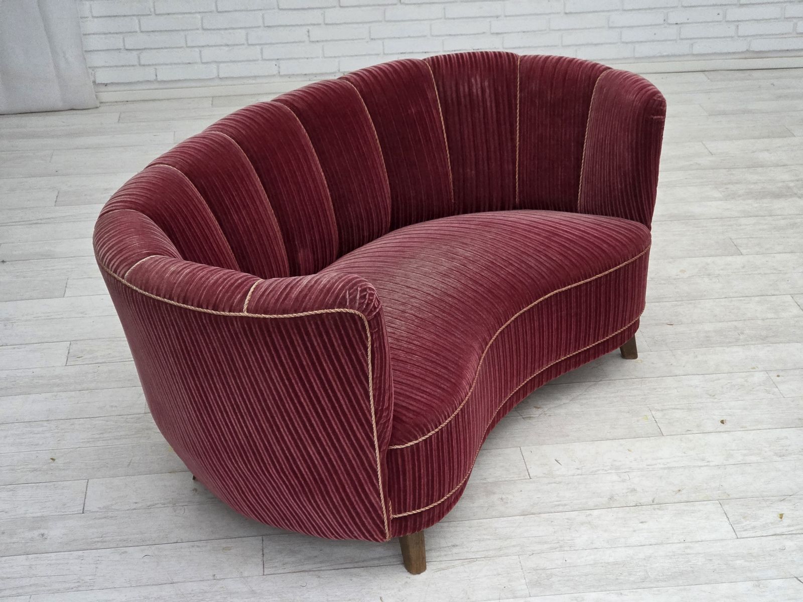 1960s, Danish 2 Seater "Banana" Sofa, Red Furniture Velour, Oak Wood. photo 1380.0