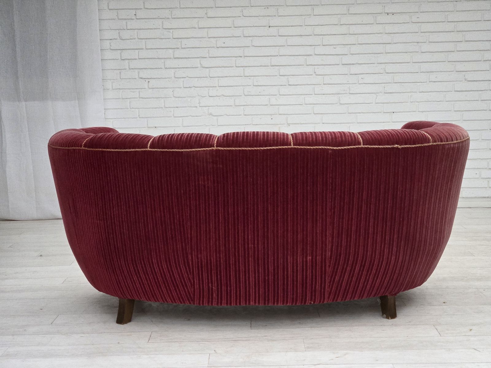 Furniture 1960s, Danish 2 Seater "Banana" Sofa, Red Furniture Velour, Oak Wood. photo
