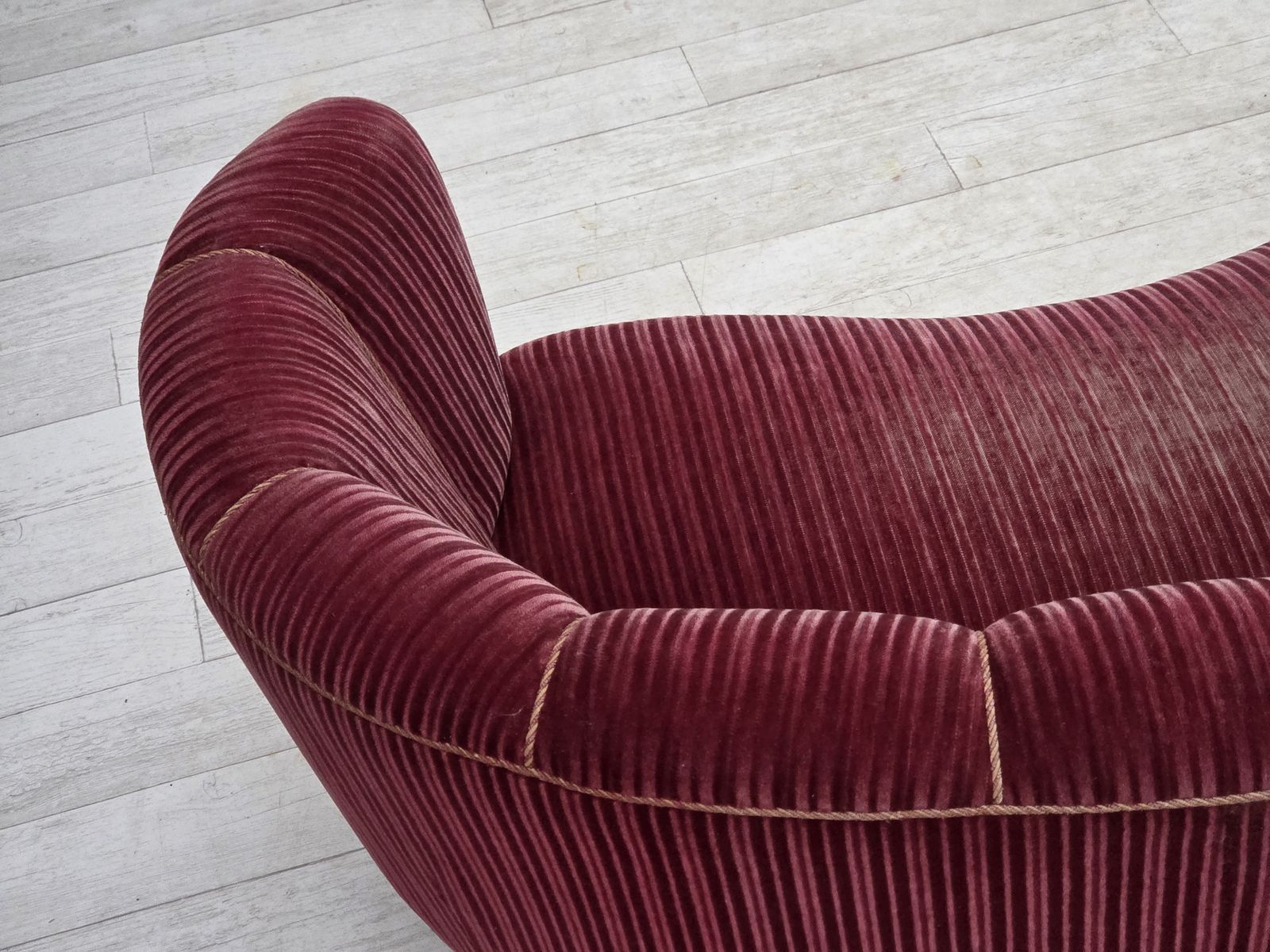 1380.0 1960s, Danish 2 Seater "Banana" Sofa, Red Furniture Velour, Oak Wood. photo