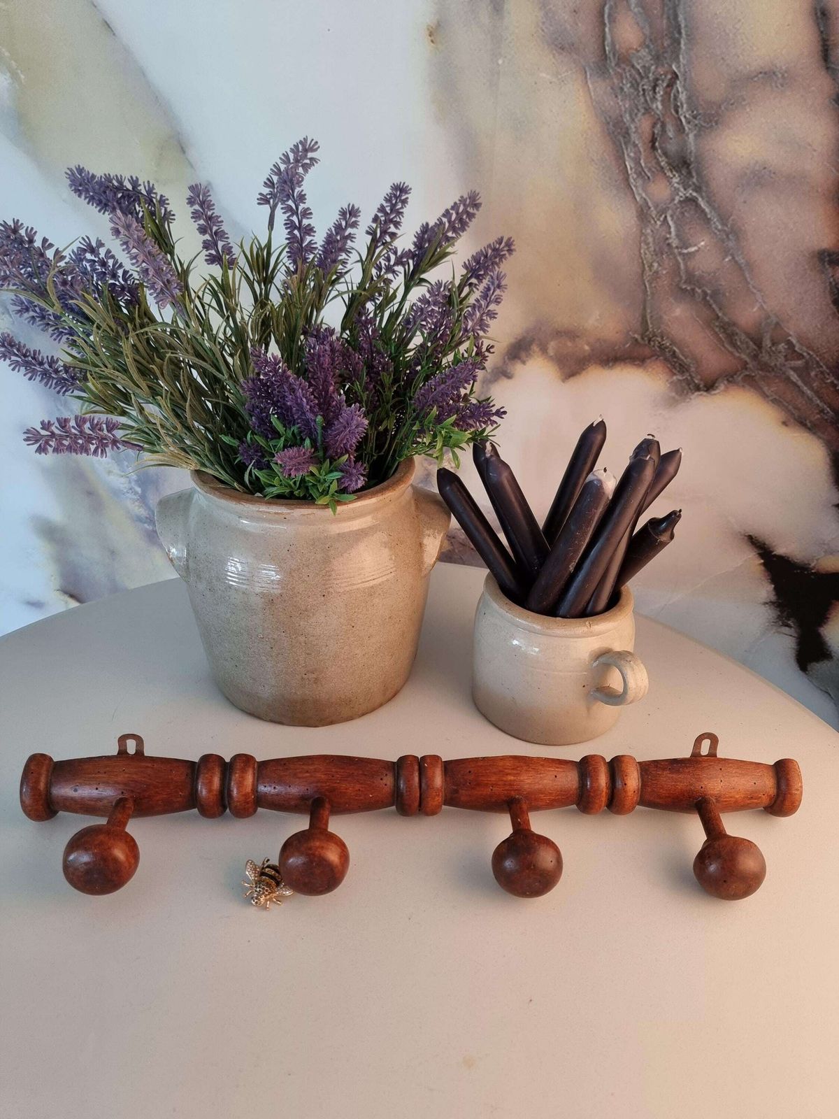 French Vintage Wood Coat Rack, 4 Mushroom Hooks, Rustic Farmhouse