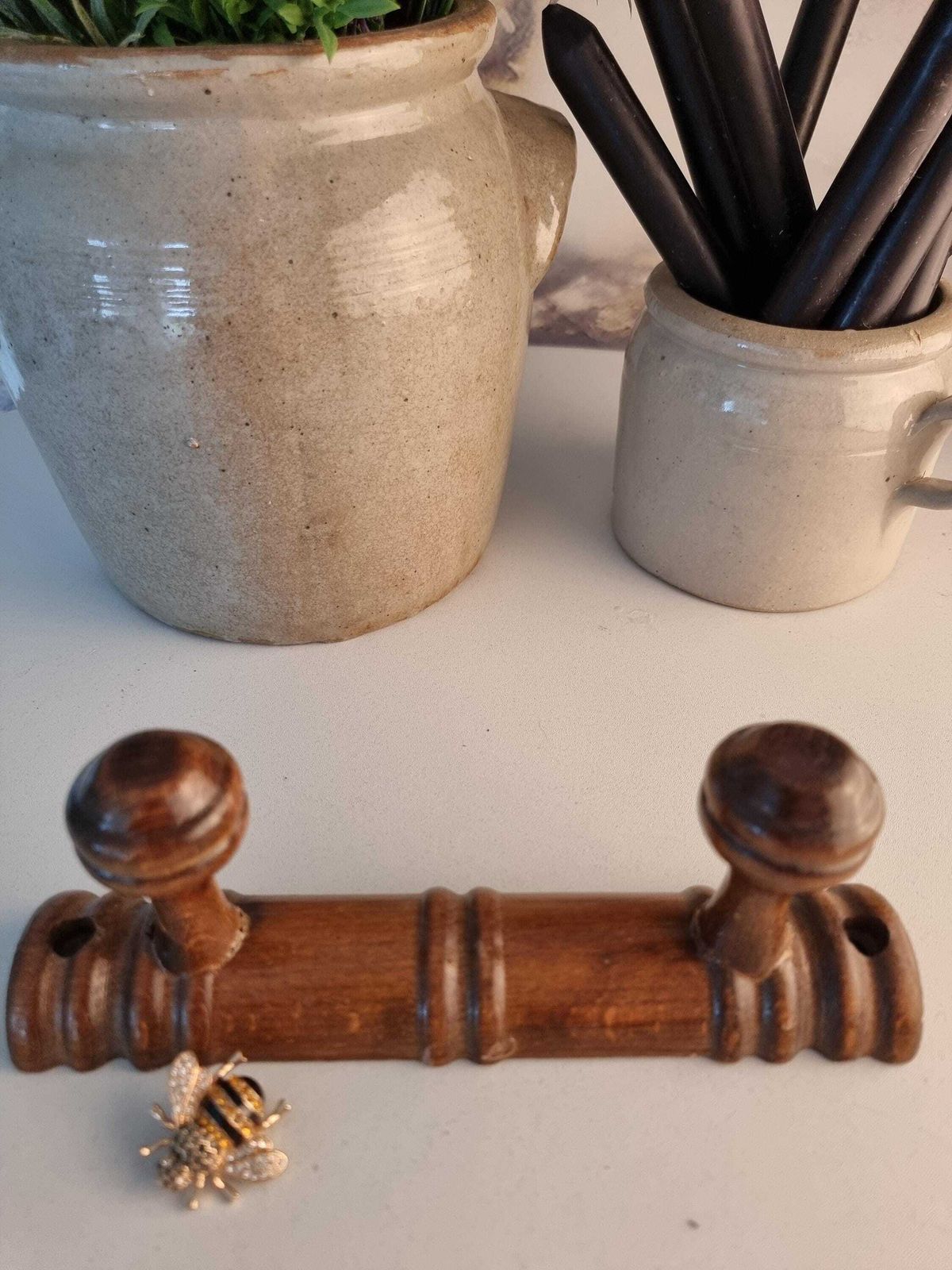 French Vintage Wood Coat Rack, 2 Mushroom Hooks, Rustic Farmhouse photo buy