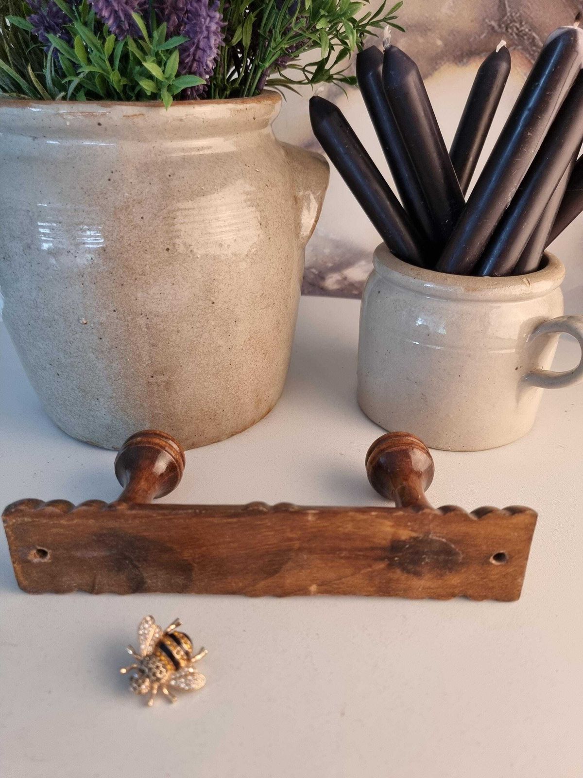 photo for sale French Vintage Wood Coat Rack, 2 Mushroom Hooks, Rustic Farmhouse