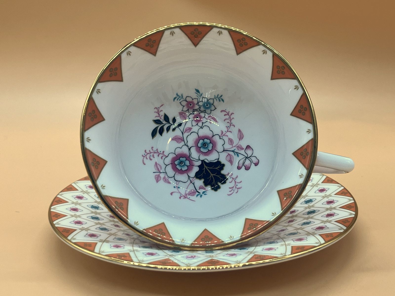 photo buy Wedgwood China Wonderlust Collection Peony Diamond Design Tea Cup And Saucer Duo In Original Box.