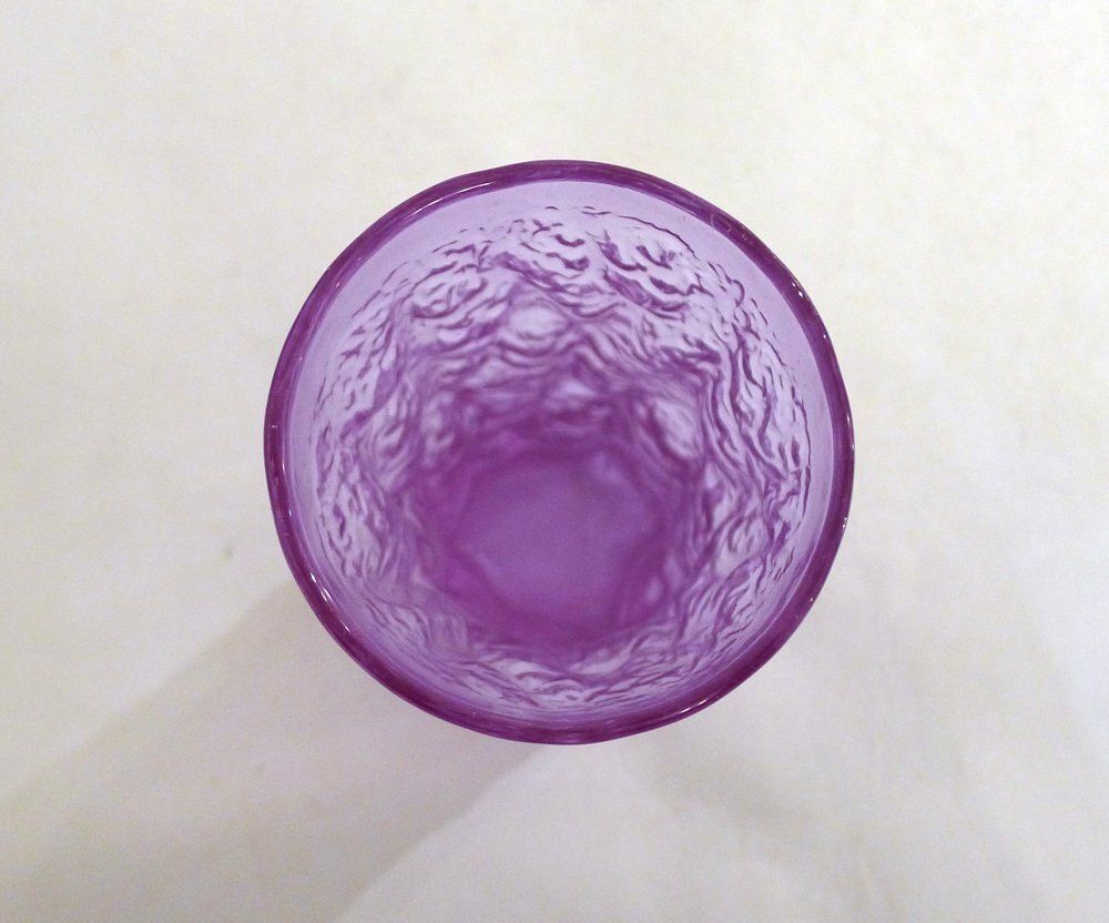 photo for sale Bark Relief Goblet Vase In Mauve Glass By Geoffrey Baxter, 1960s