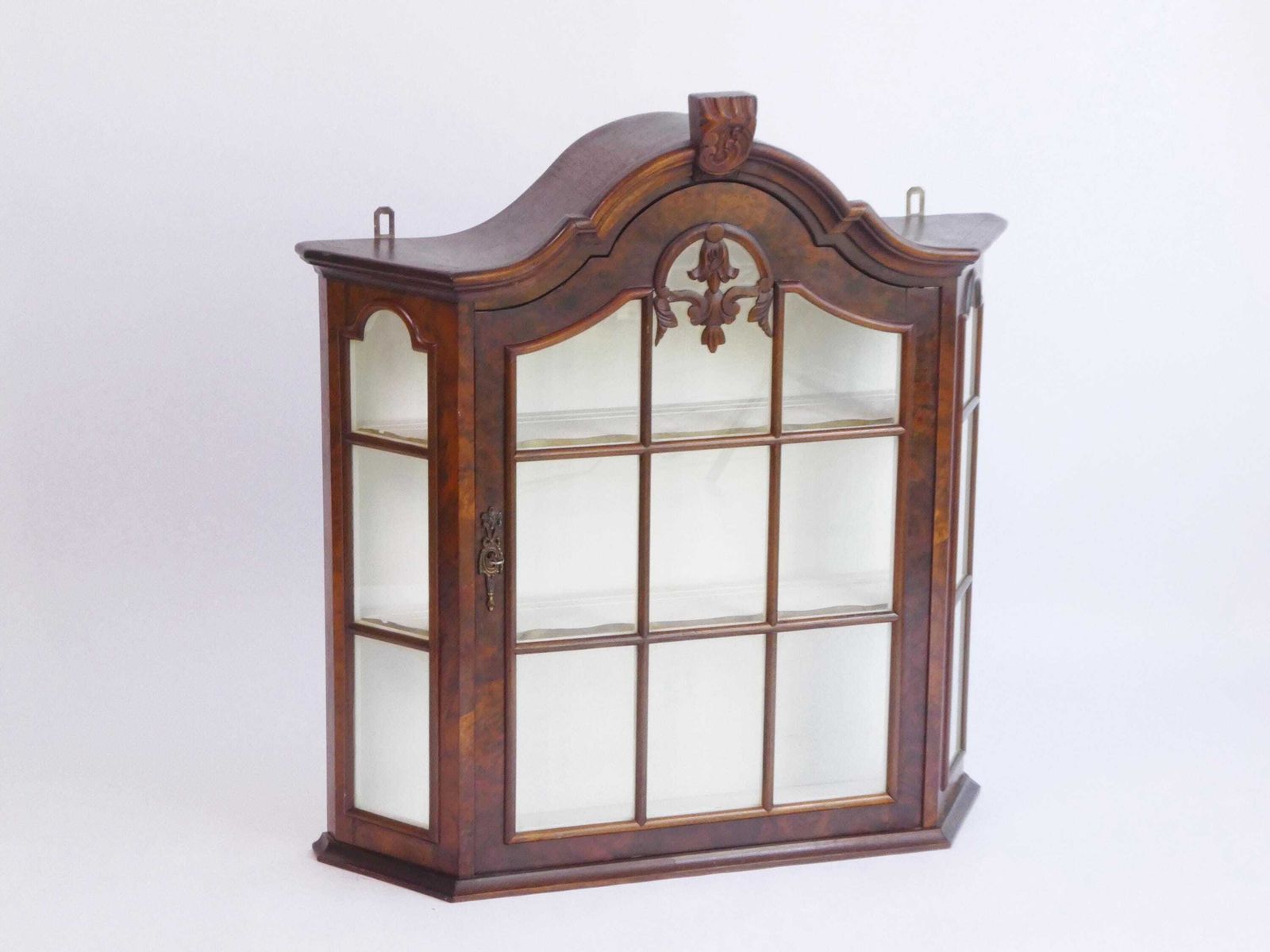 Vintage Wooden Wall Display With Ornament And White Shelves, Cabinet With Lock, Glass Medicine Apothecary Storage
