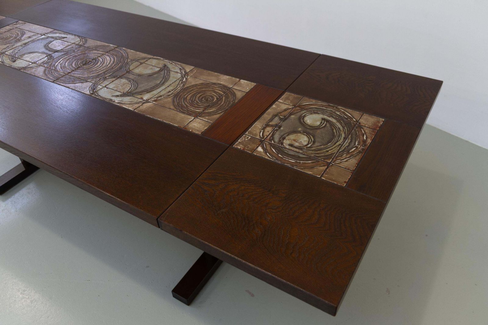 photo furniture Danish Brutalist Oak Drop Leaf Dining Table With Ox Art Tiles By Gangso, 1970s.
