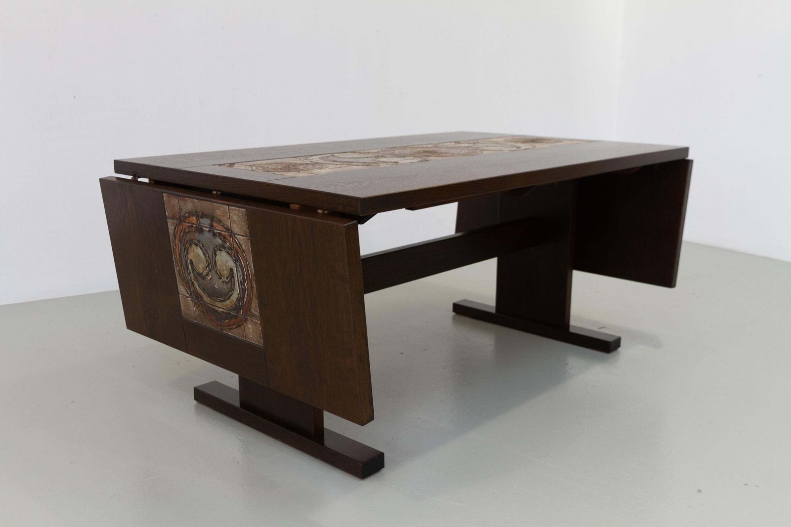 photo for sale Danish Brutalist Oak Drop Leaf Dining Table With Ox Art Tiles By Gangso, 1970s.