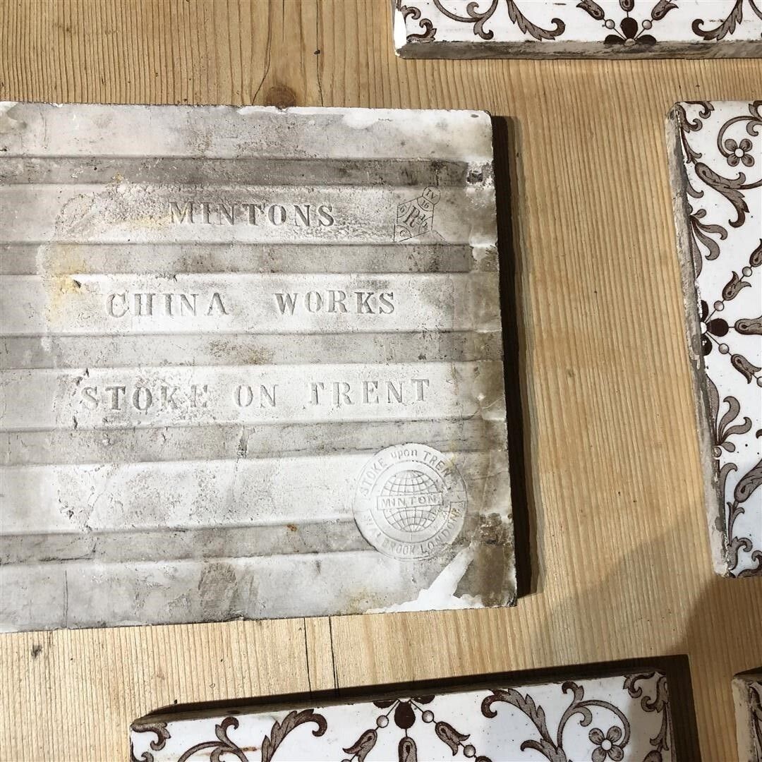 Set Of 5 Antique Minton Fireplace Tiles Brown And White Geometric Floral Design (102) photo vintage