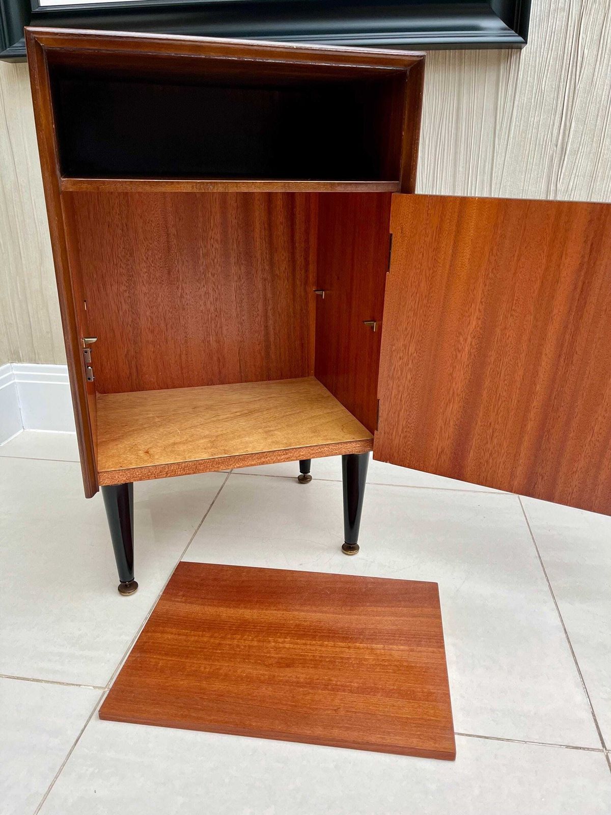 photo for sale Vintage G Plan Style Librenza Bedside / Lamp Cupboard – Tola & Teak, Black Legs, Brass Details (1960s–70s)
