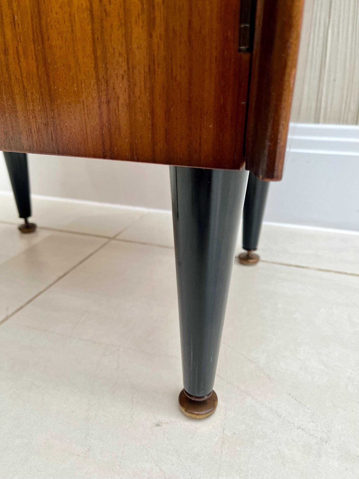 350.0 Vintage G Plan Style Librenza Bedside / Lamp Cupboard – Tola & Teak, Black Legs, Brass Details (1960s–70s) photo