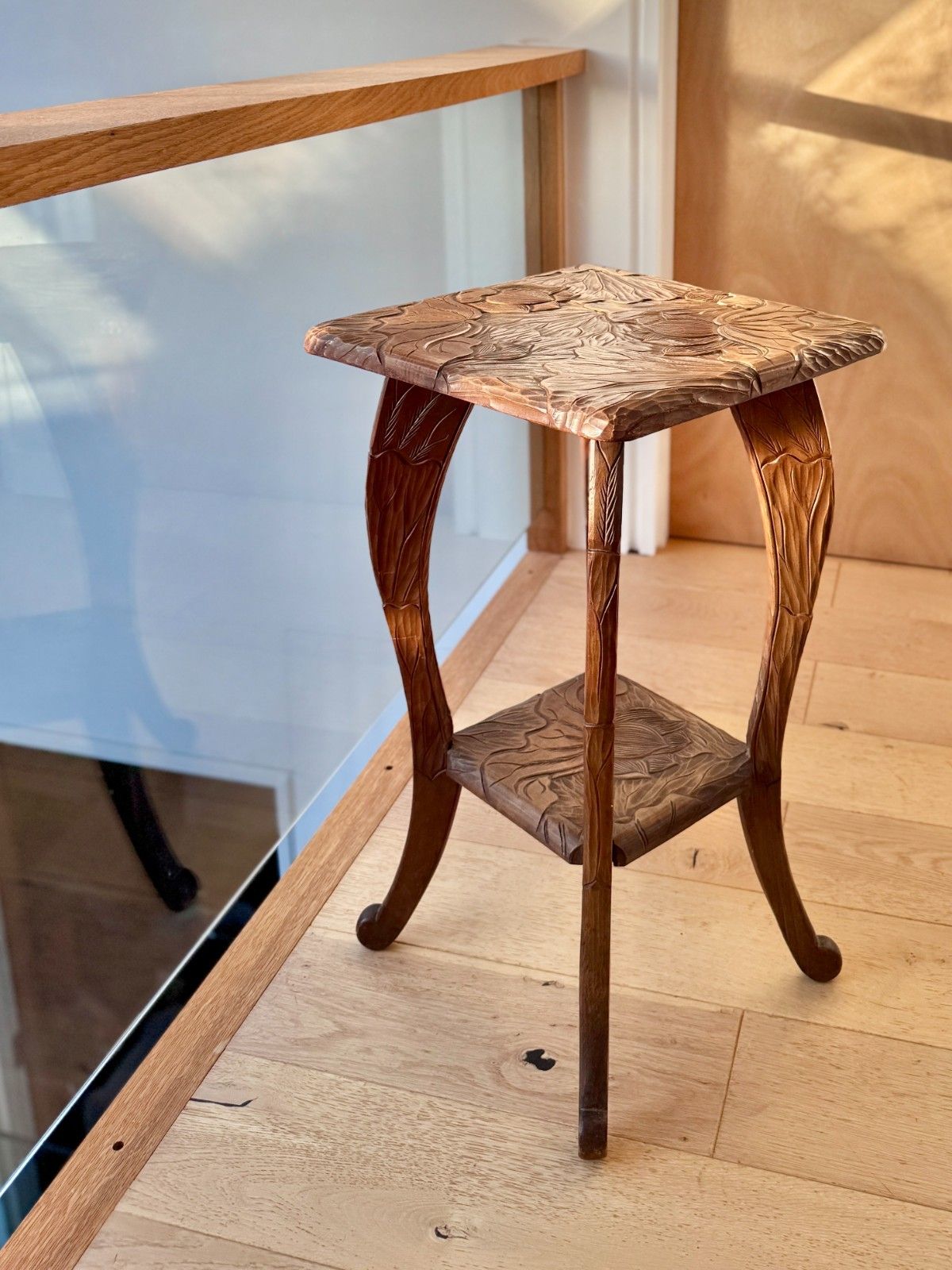 photo for sale Antique Liberty Of London Japanese Hand Carved Floral Side Table C1905