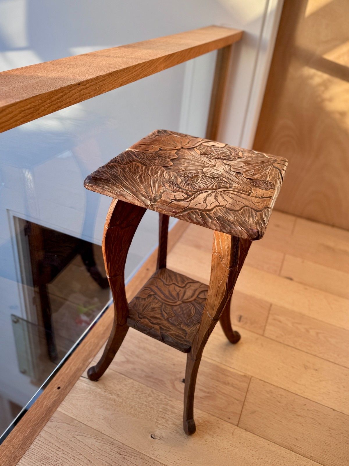 photo vinterior Antique Liberty Of London Japanese Hand Carved Floral Side Table C1905