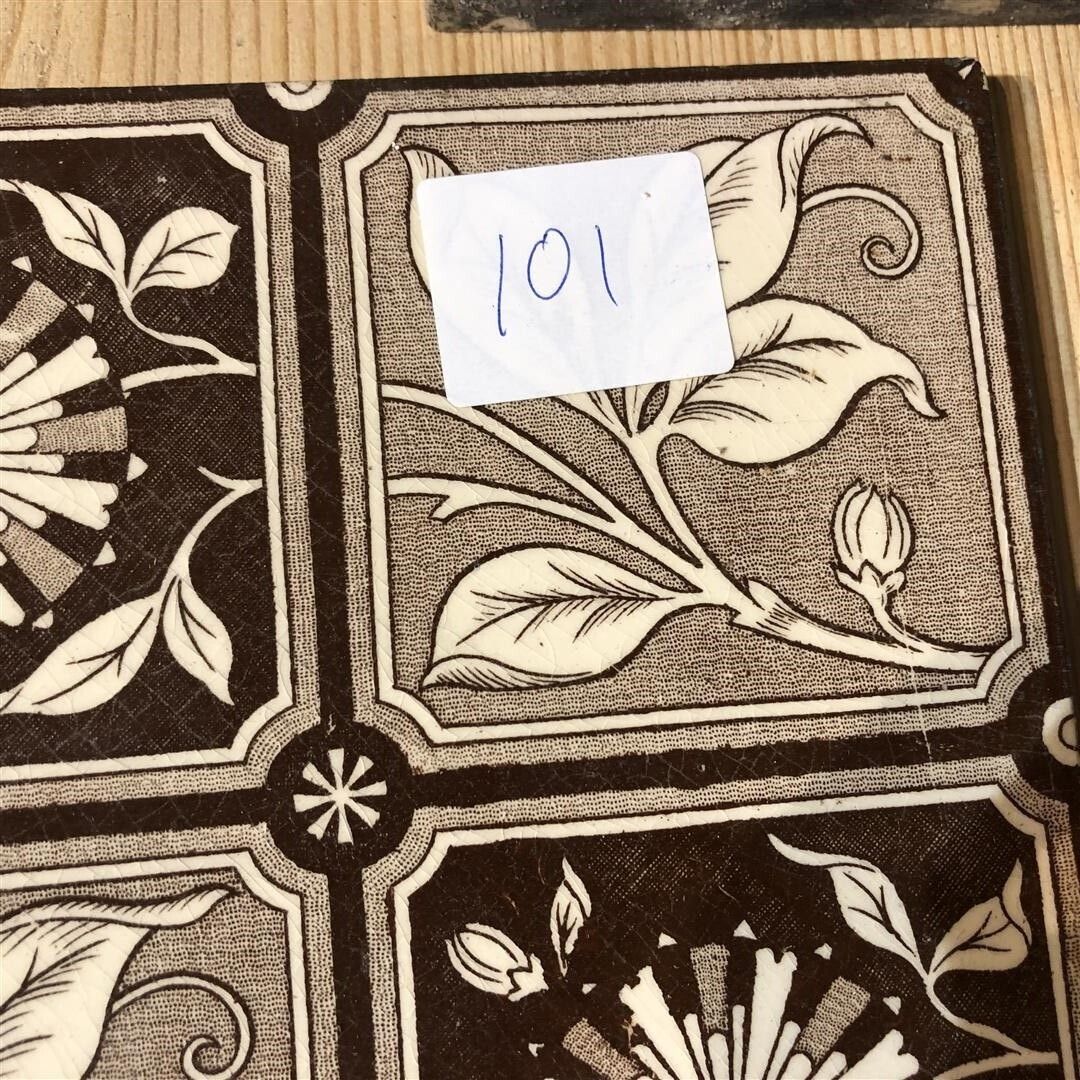 Set Of 5 Antique Fireplace Tiles Brown And White Leaf Chequer Design (101) photo buy