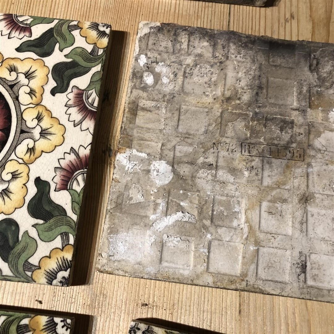 Set Of 5 Antique Fireplace Tiles With Coloured Geometric Floral Design (100) photo buy
