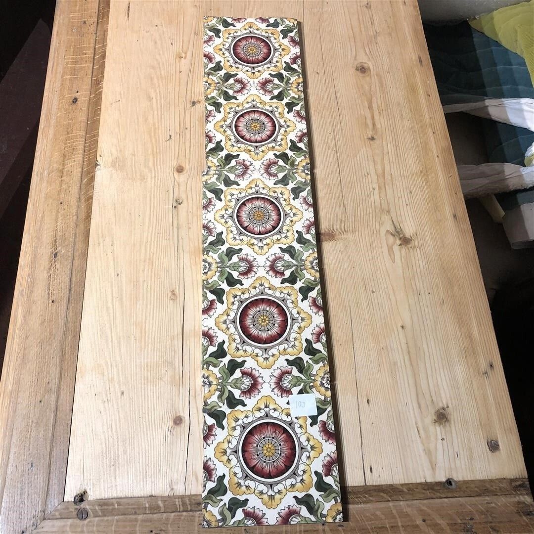 Set Of 5 Antique Fireplace Tiles With Coloured Geometric Floral Design (100) photo vintage