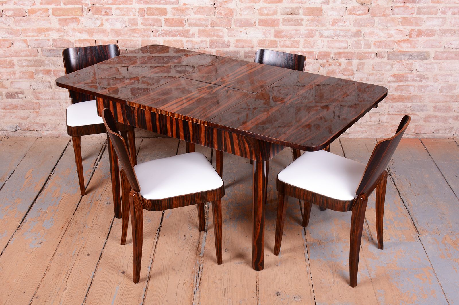 Restored Art Deco Dinig Set, By Oldřich Liška, Macassar, Leather, Czech, 1920s photo furniture