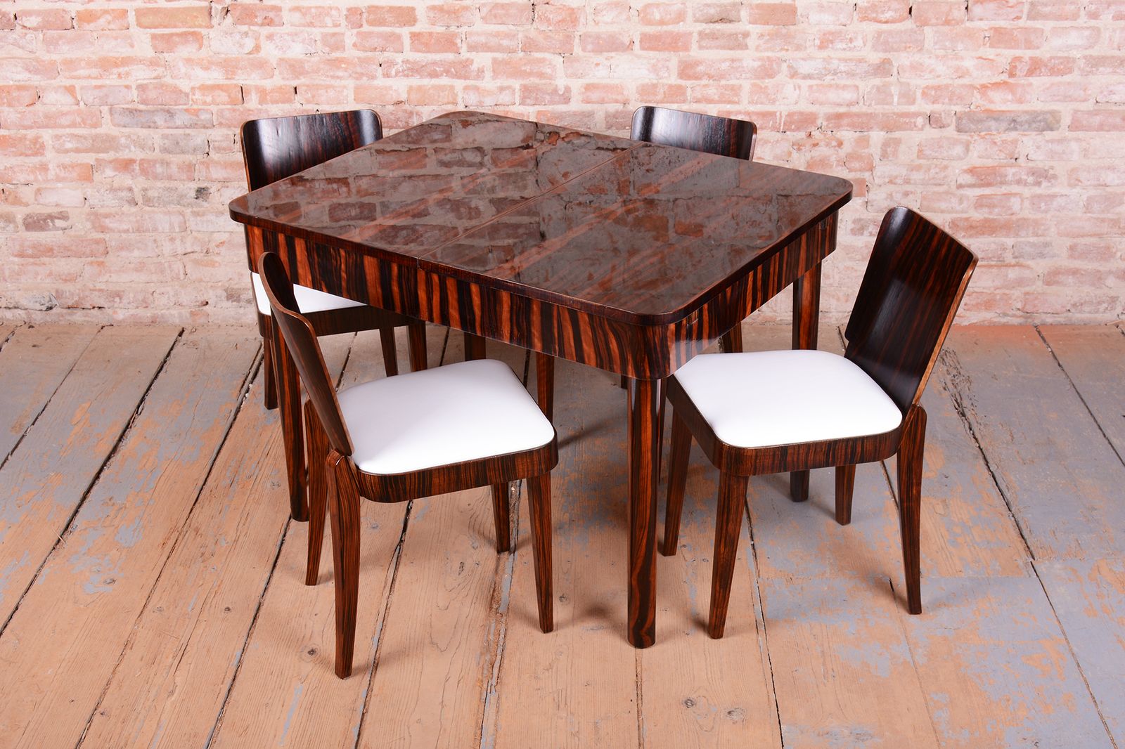 Restored Art Deco Dinig Set, By Oldřich Liška, Macassar, Leather, Czech, 1920s photo for sale