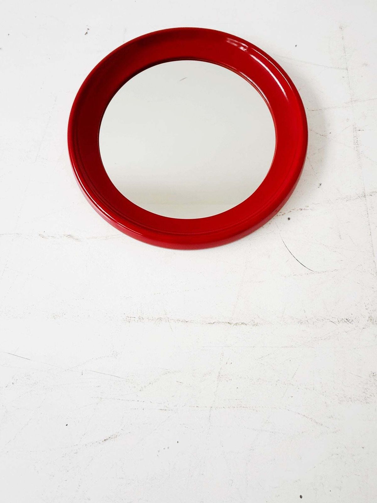 Round Red Mirror With Lacquered Wooden Frame photo for sale