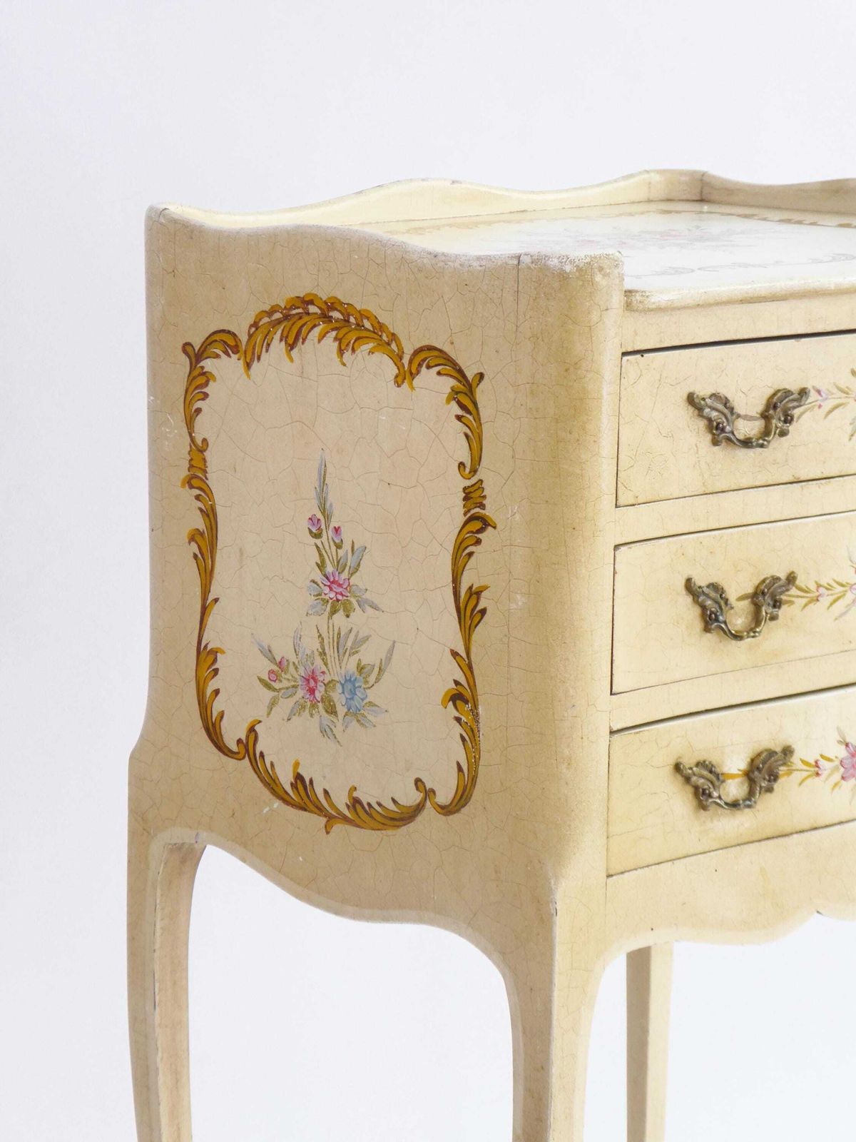 Antique Hand Painted Chest Of Drawers Venetian Style, Floral Nightstand With Drawers And Ornate Handles, Small Chest photo for sale