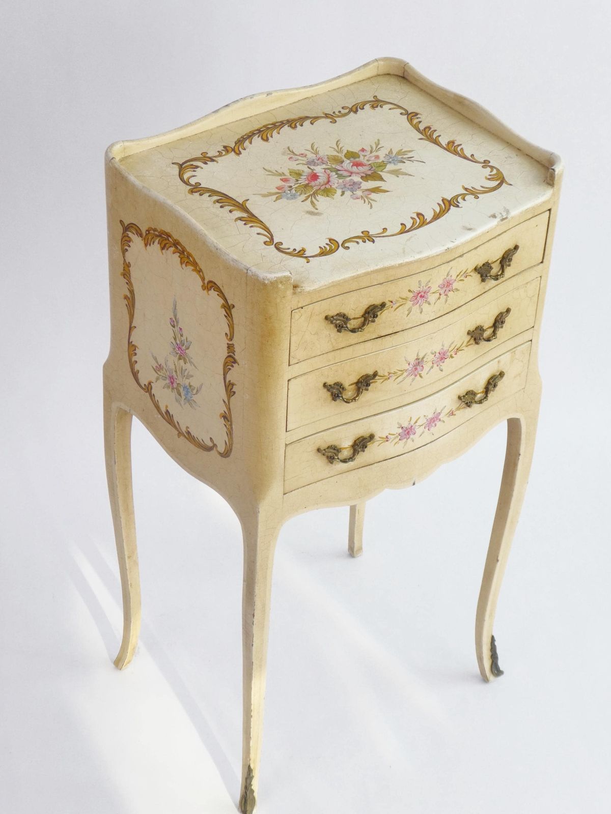 Antique Hand Painted Chest Of Drawers Venetian Style, Floral Nightstand With Drawers And Ornate Handles, Small Chest photo Furniture