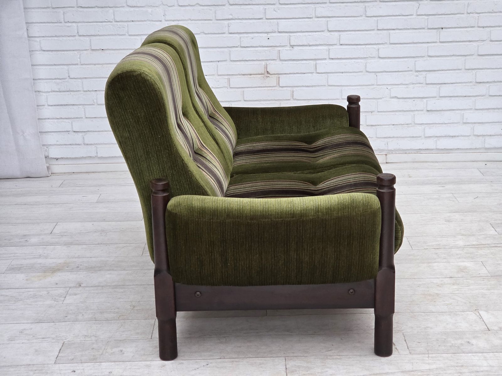 photo furniture 1970s, Scandinavian 2 Seater Sofa, Green Furniture Velour, Beech Wood.