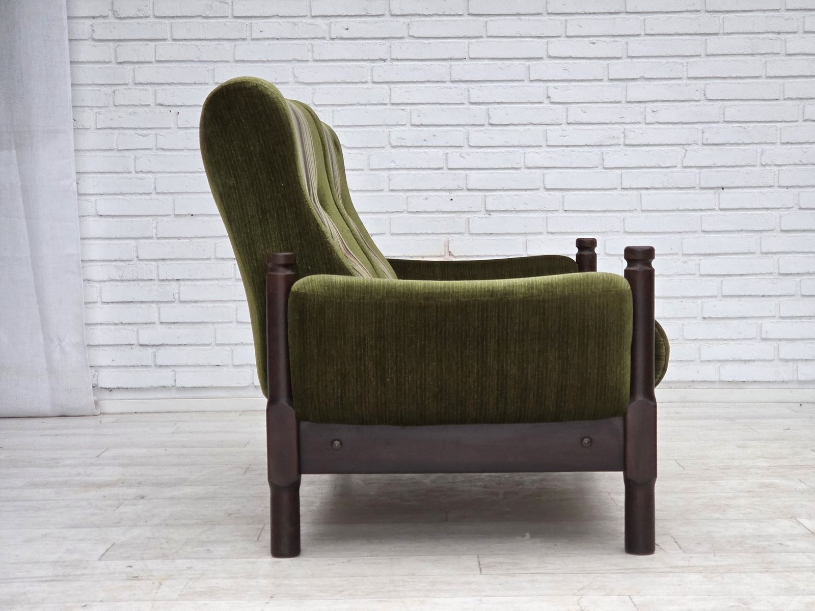 photo for sale 1970s, Scandinavian 2 Seater Sofa, Green Furniture Velour, Beech Wood.