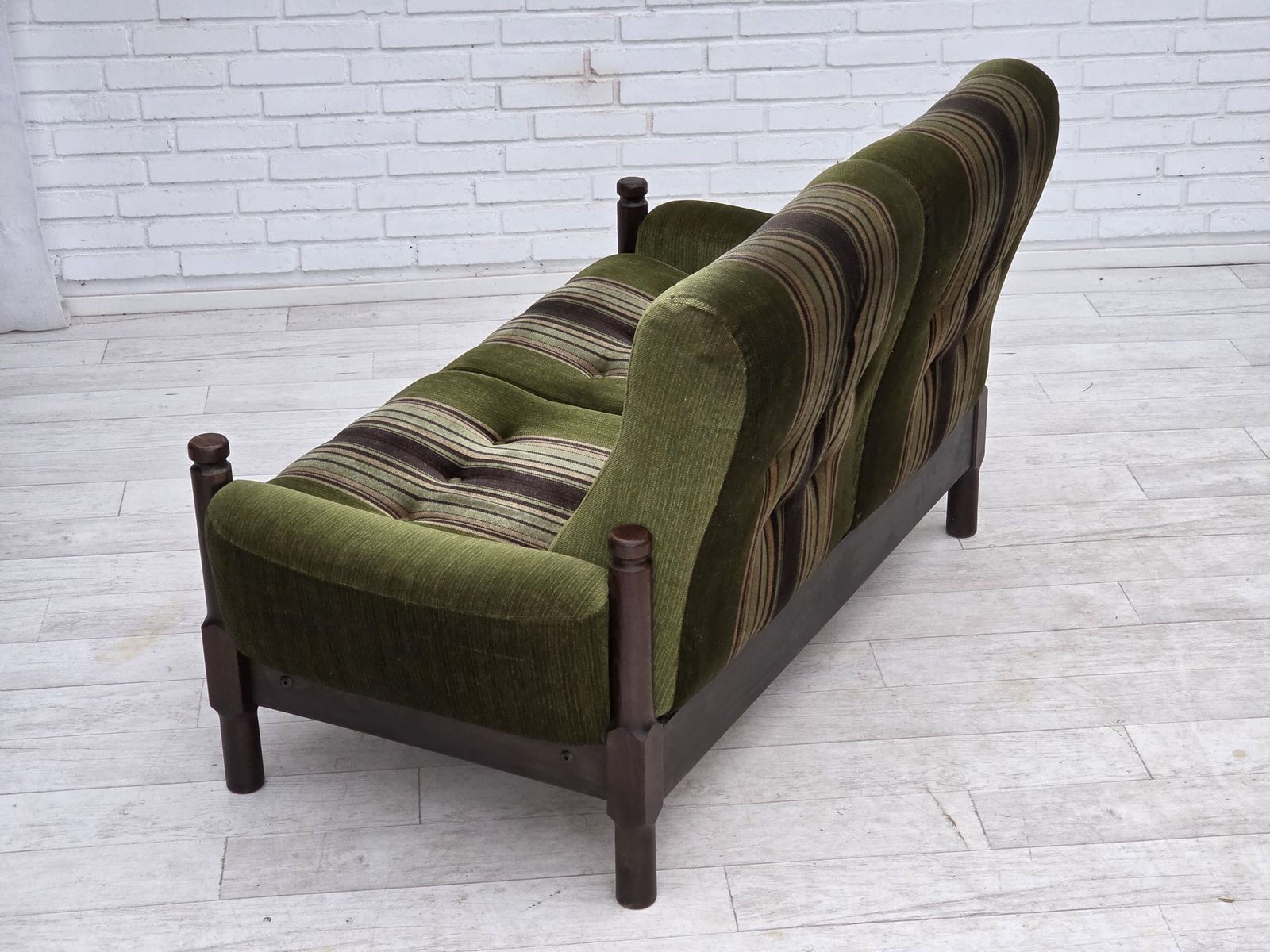 photo buy 1970s, Scandinavian 2 Seater Sofa, Green Furniture Velour, Beech Wood.