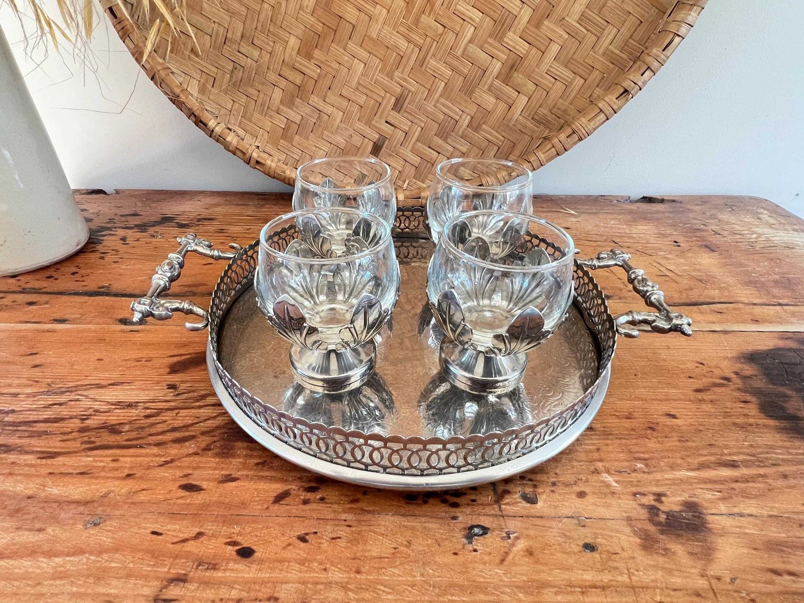 Vintage Silver Metal Gallery Serving Tray & Glasses | Ornate Etched Round Drink Tray | 4 Piece Glassware Set Leaf Bases Mid Century Barware