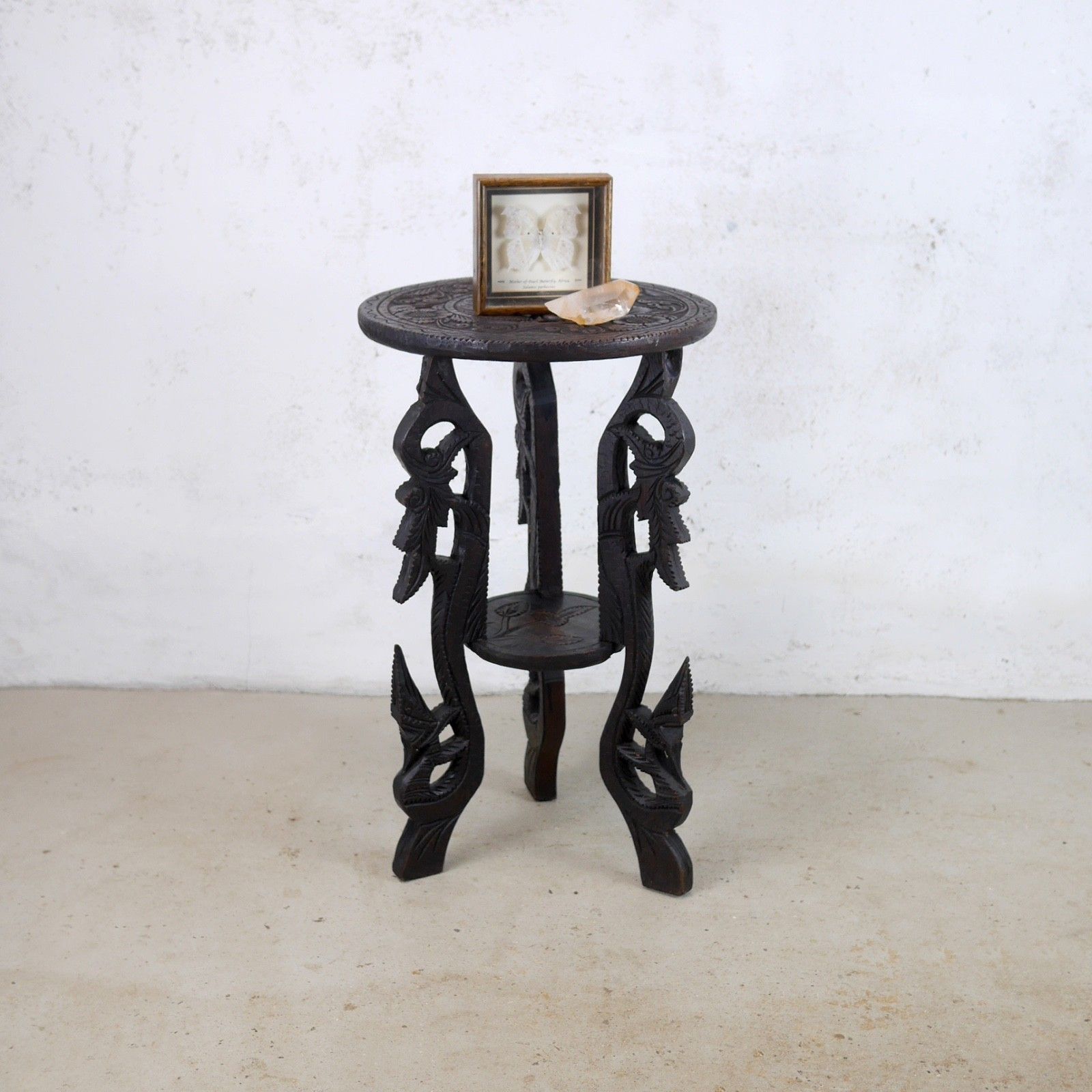 Antique Carved Peacock Asian Hard Dark Wood Lamp Side Table Plant Stand #103112
