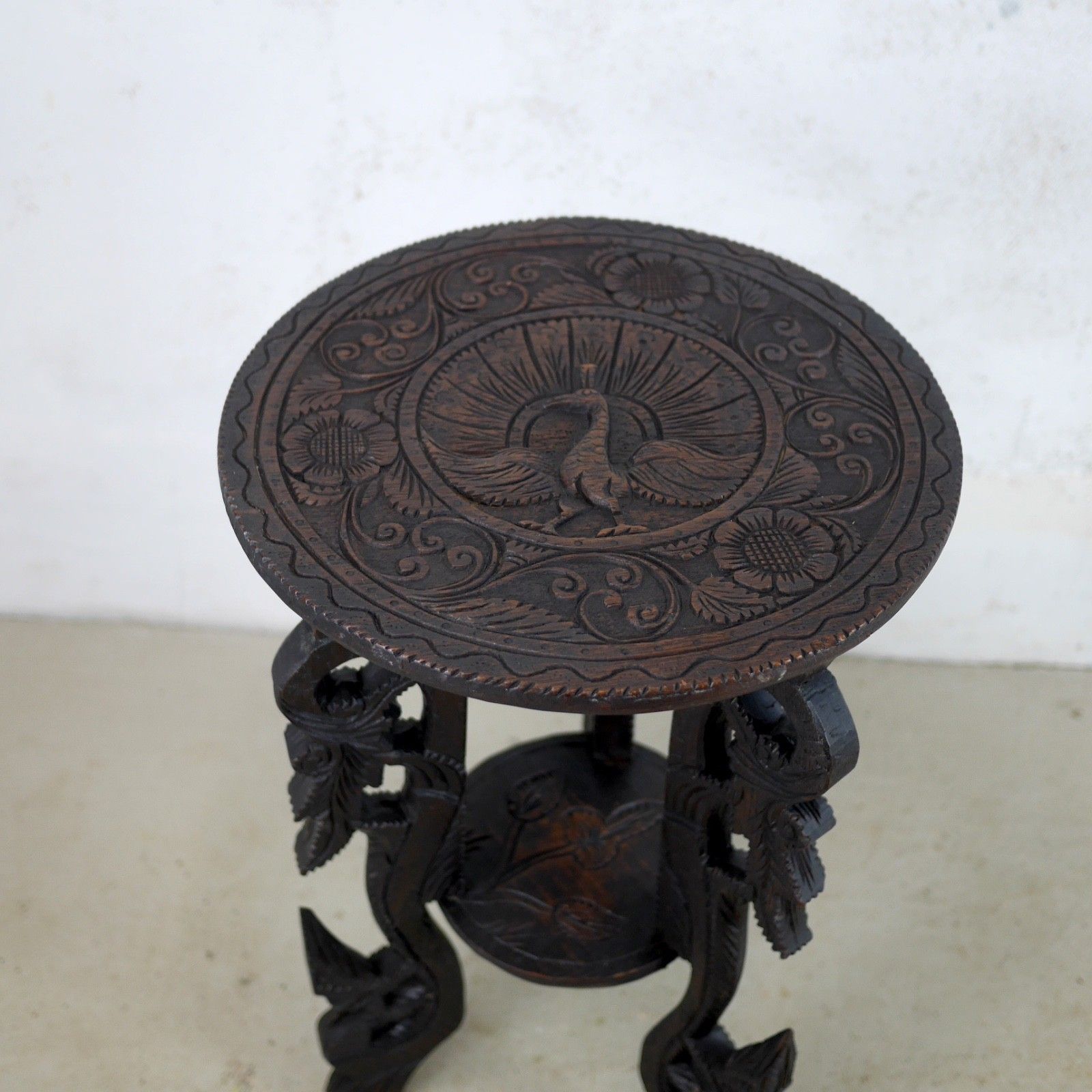 Antique Carved Peacock Asian Hard Dark Wood Lamp Side Table Plant Stand #103112 photo 210.0