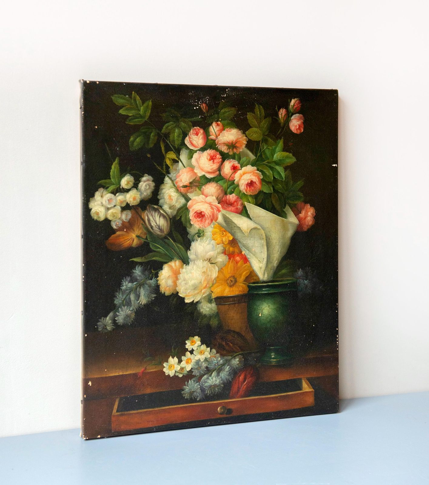 Antique Dutch Still Life Flower Painting On Canvas, C. 1900, Dark Floral Arrangement photo for sale