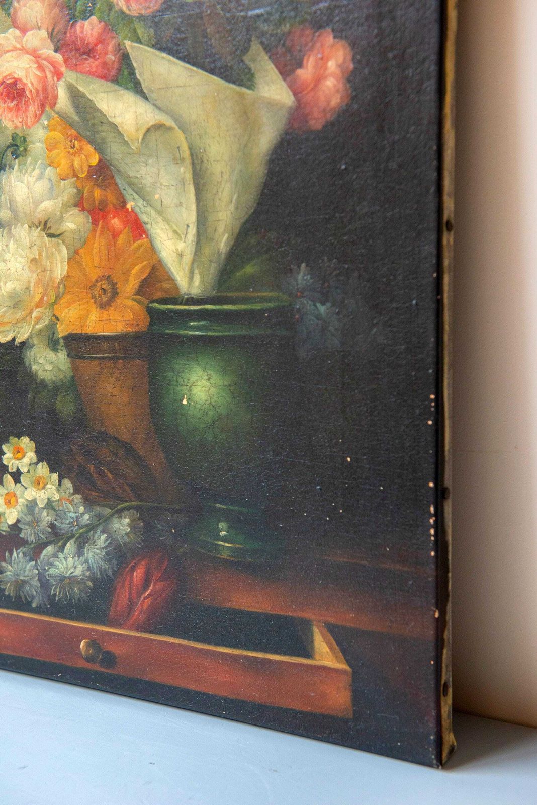 Antique Dutch Still Life Flower Painting On Canvas, C. 1900, Dark Floral Arrangement photo Art