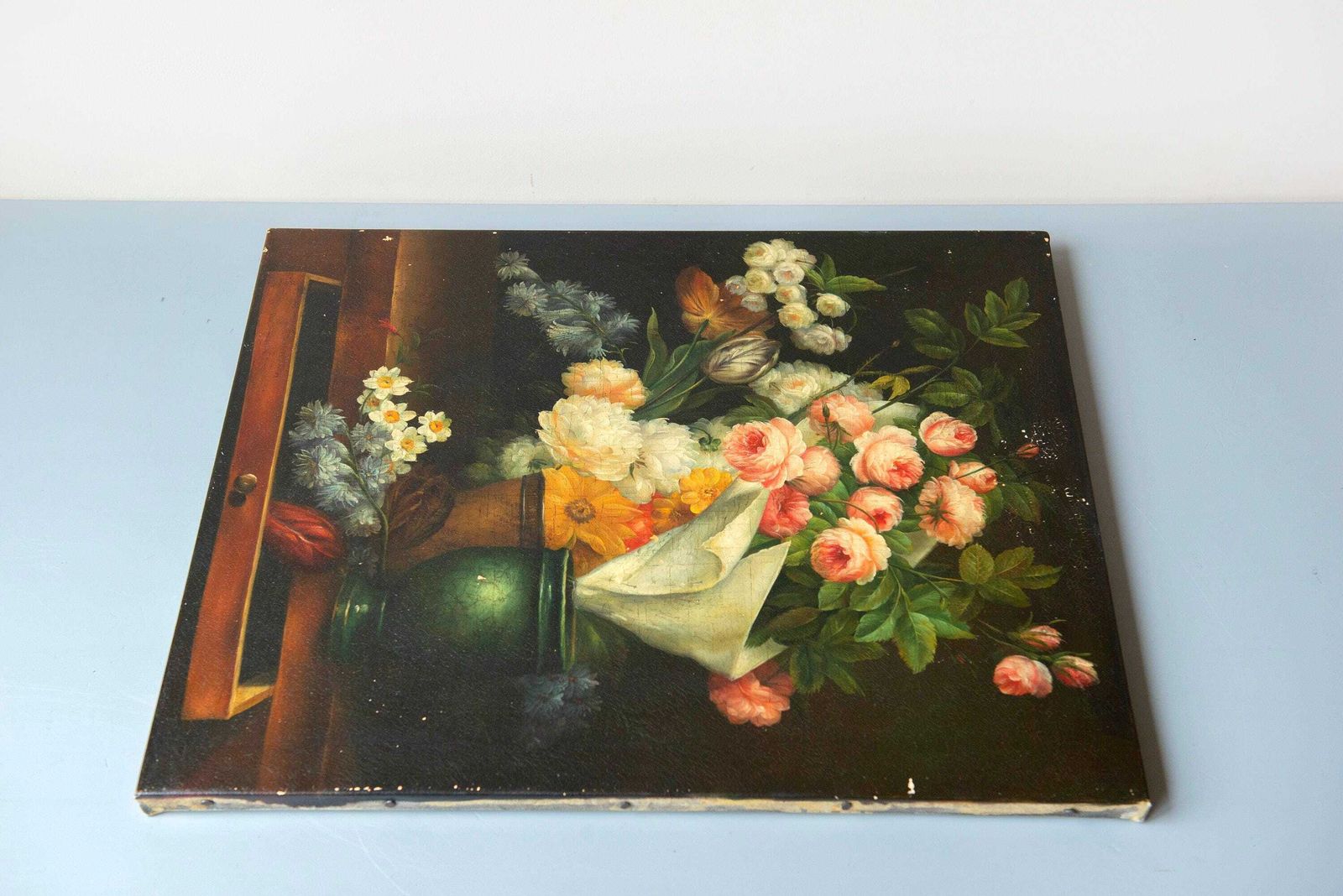 Art Antique Dutch Still Life Flower Painting On Canvas, C. 1900, Dark Floral Arrangement photo
