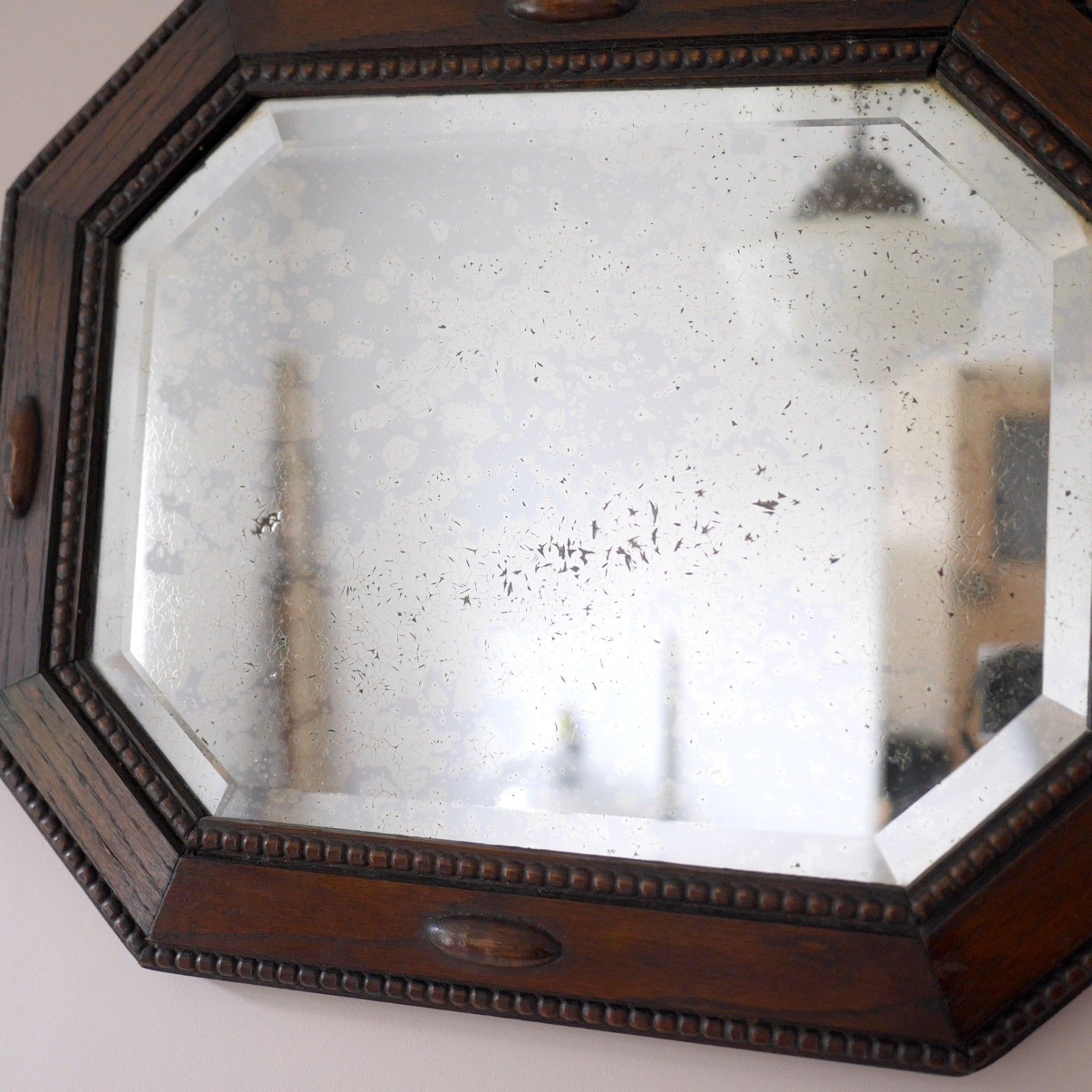 95.0 Antique 1920s Dark Oak Wood Bevelled Timeworn Wall Mirror #103197 photo