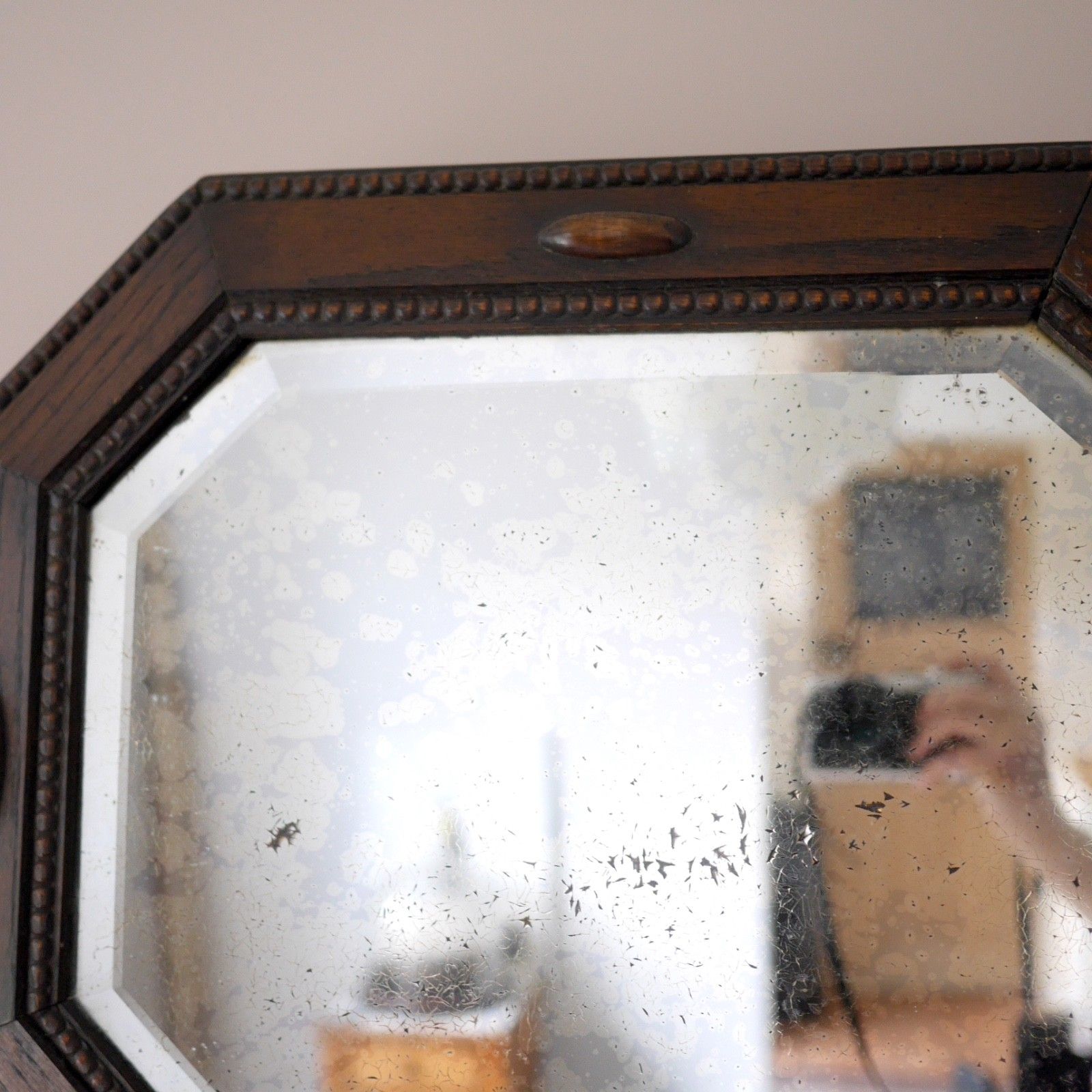 photo vintage Antique 1920s Dark Oak Wood Bevelled Timeworn Wall Mirror #103197