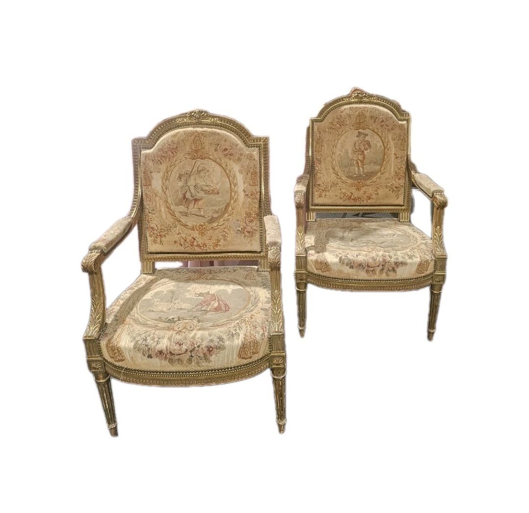 A Pair Of 19thc Louis XVI Style French Fauteuils Tapestry Upholstery Chairs photo for sale