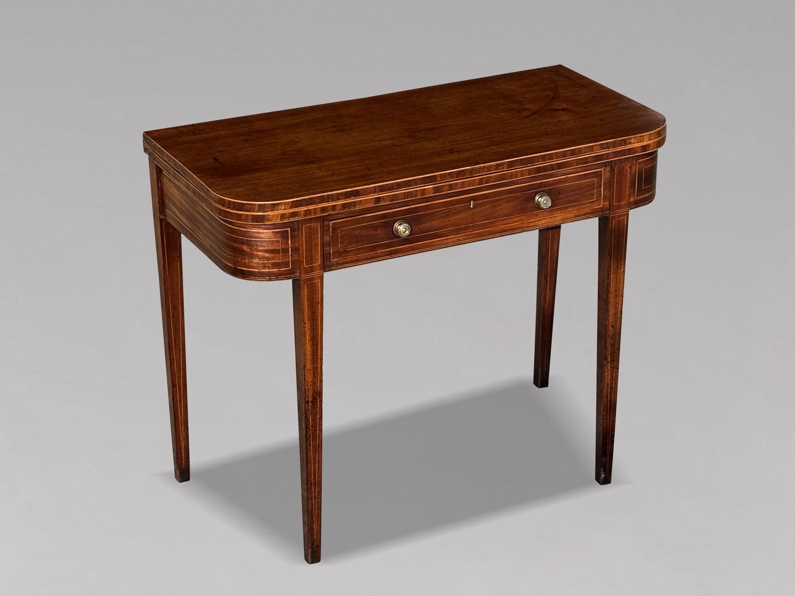 18th Century George III Period Mahogany Satinwood Stringing Fold Over Tea Table