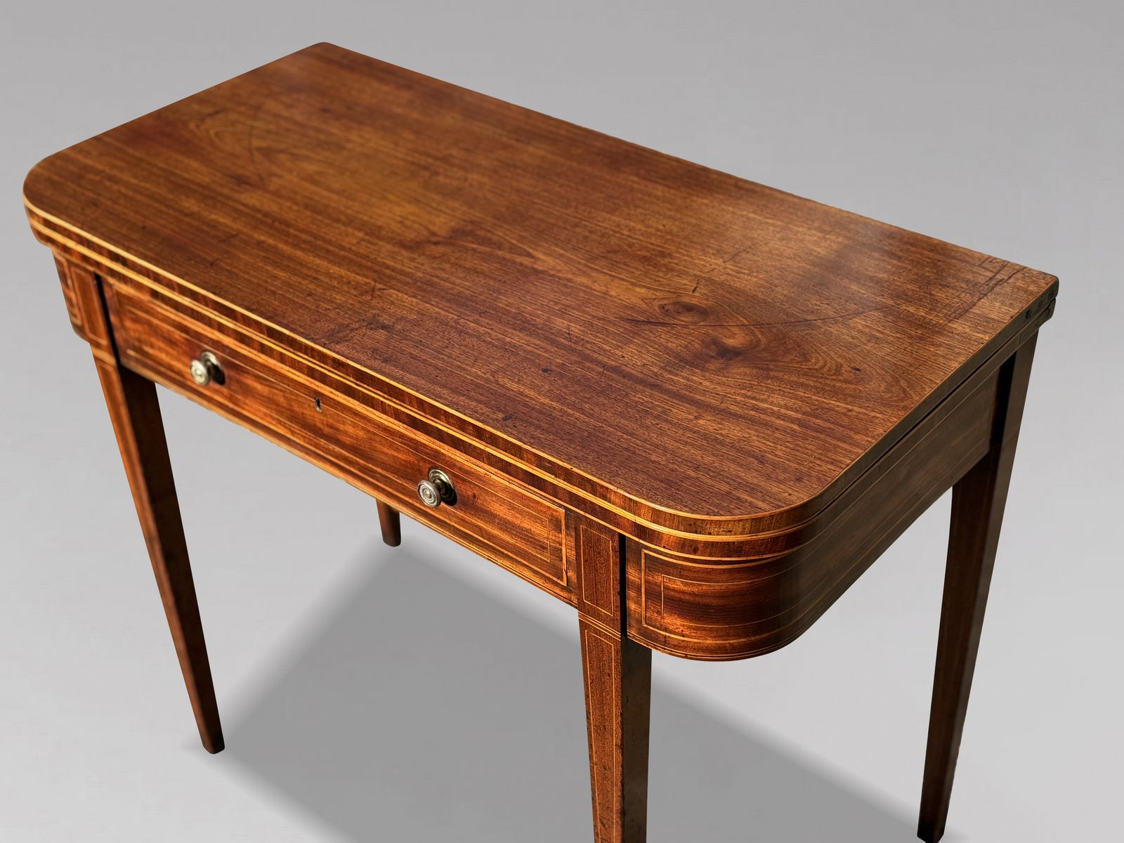 18th Century George III Period Mahogany Satinwood Stringing Fold Over Tea Table photo for sale