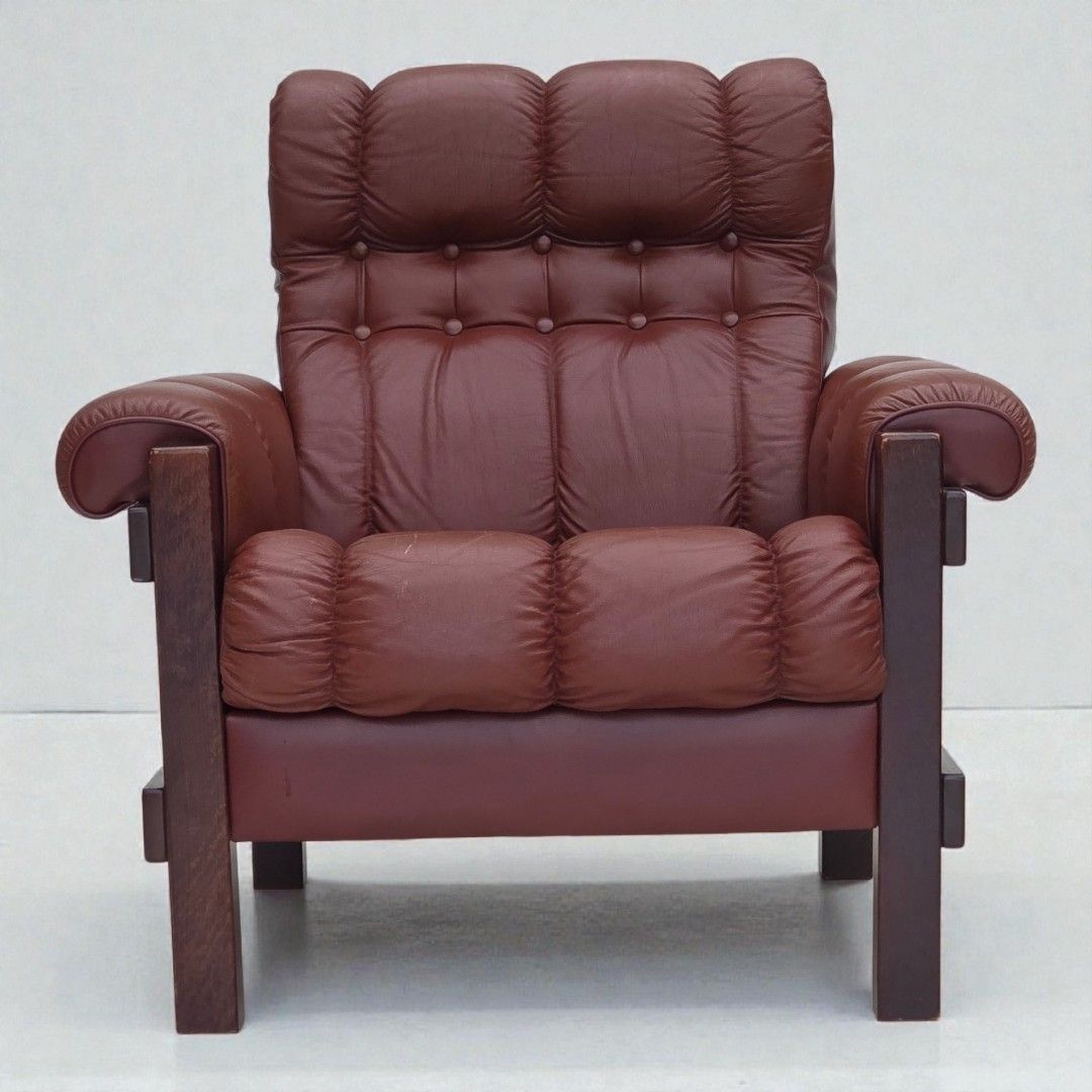1970s, Scandinavian Armchair, Furniture Leather, Dark Beech Wood.