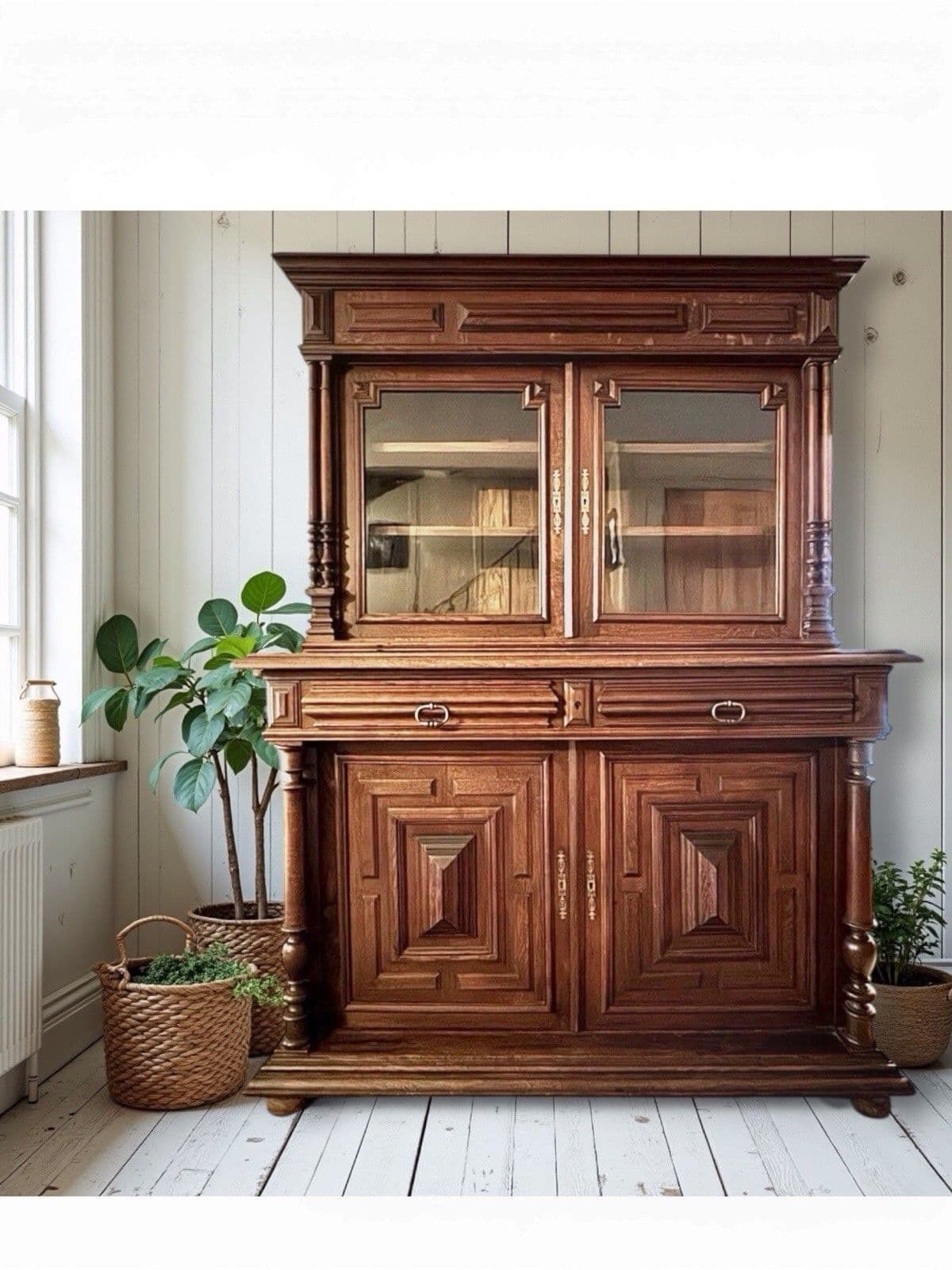 Antique French Carved Glazed Buffet De Corps Dresser Cupboard Server Cabinet.