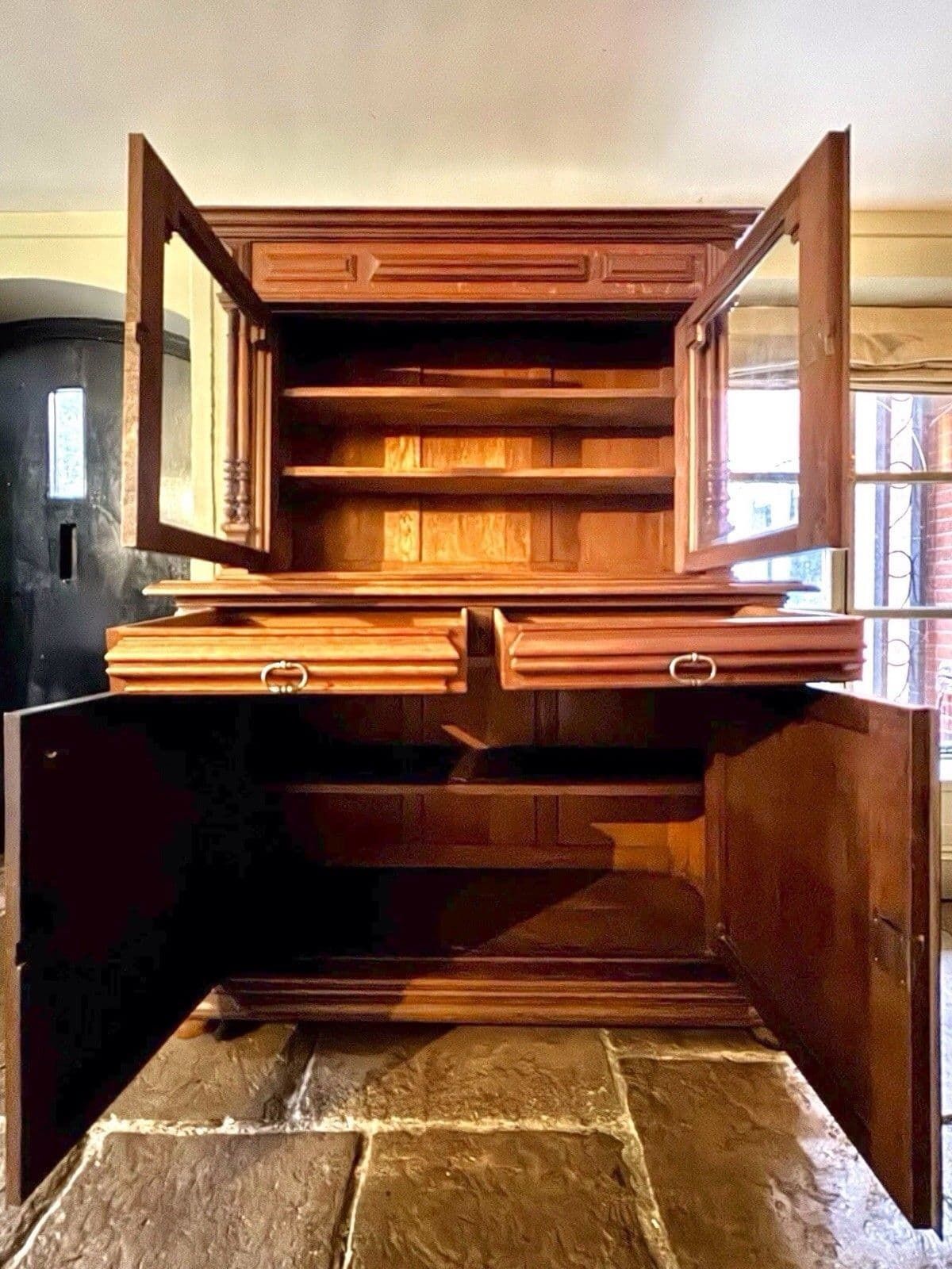 Antique French Carved Glazed Buffet De Corps Dresser Cupboard Server Cabinet. photo for sale