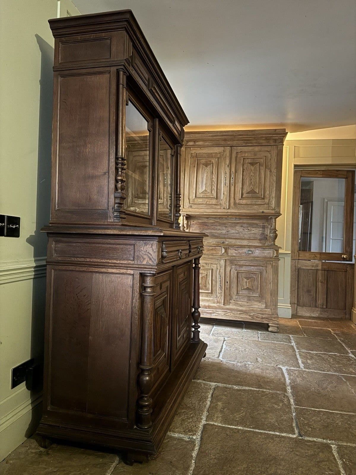 Antique French Carved Glazed Buffet De Corps Dresser Cupboard Server Cabinet. photo Furniture