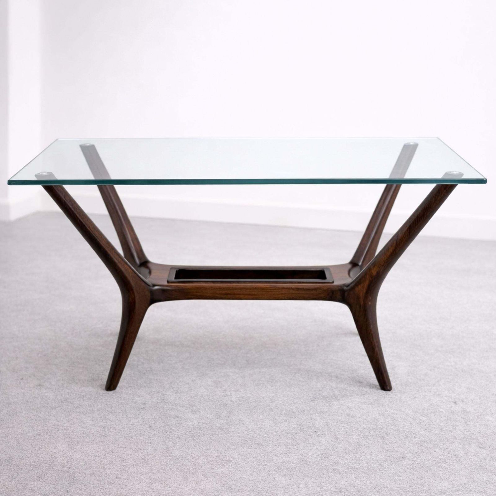 Mid Century Wood And Glass Coffee Table, Ico Parisi Style, 1950s photo vinterior