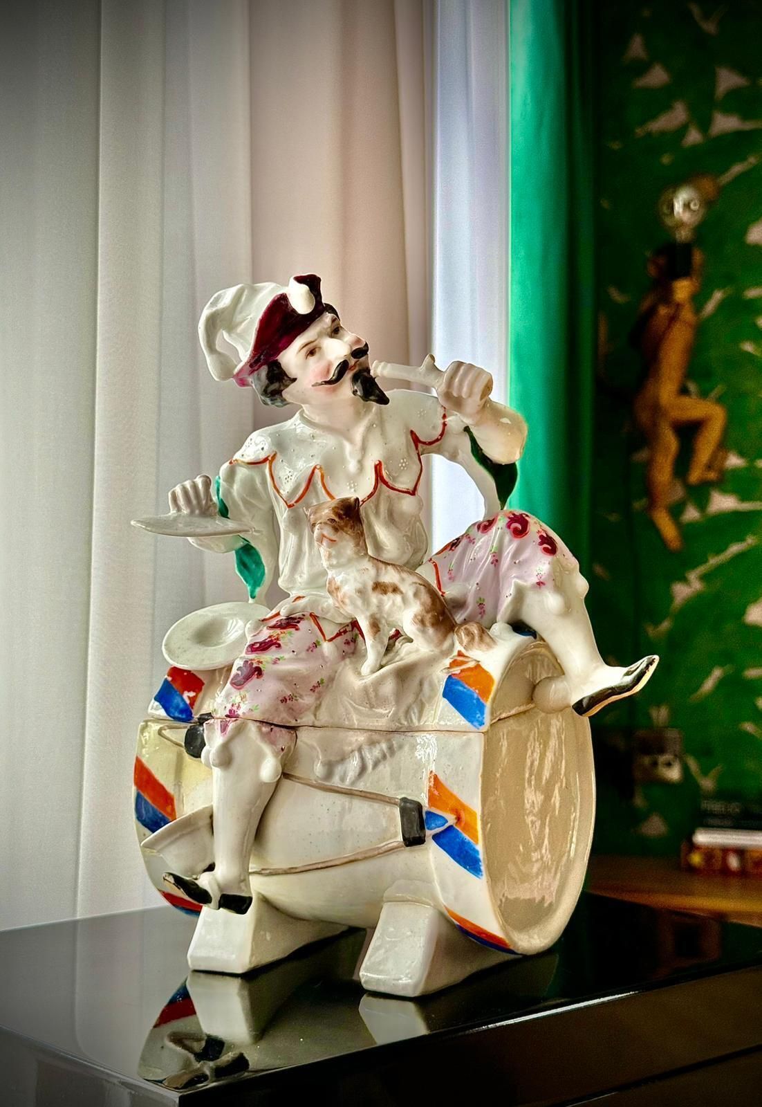 Antique Conta & Boehme Figural Tobacco Jar – German Jester On Drum With Cat photo Home Decor