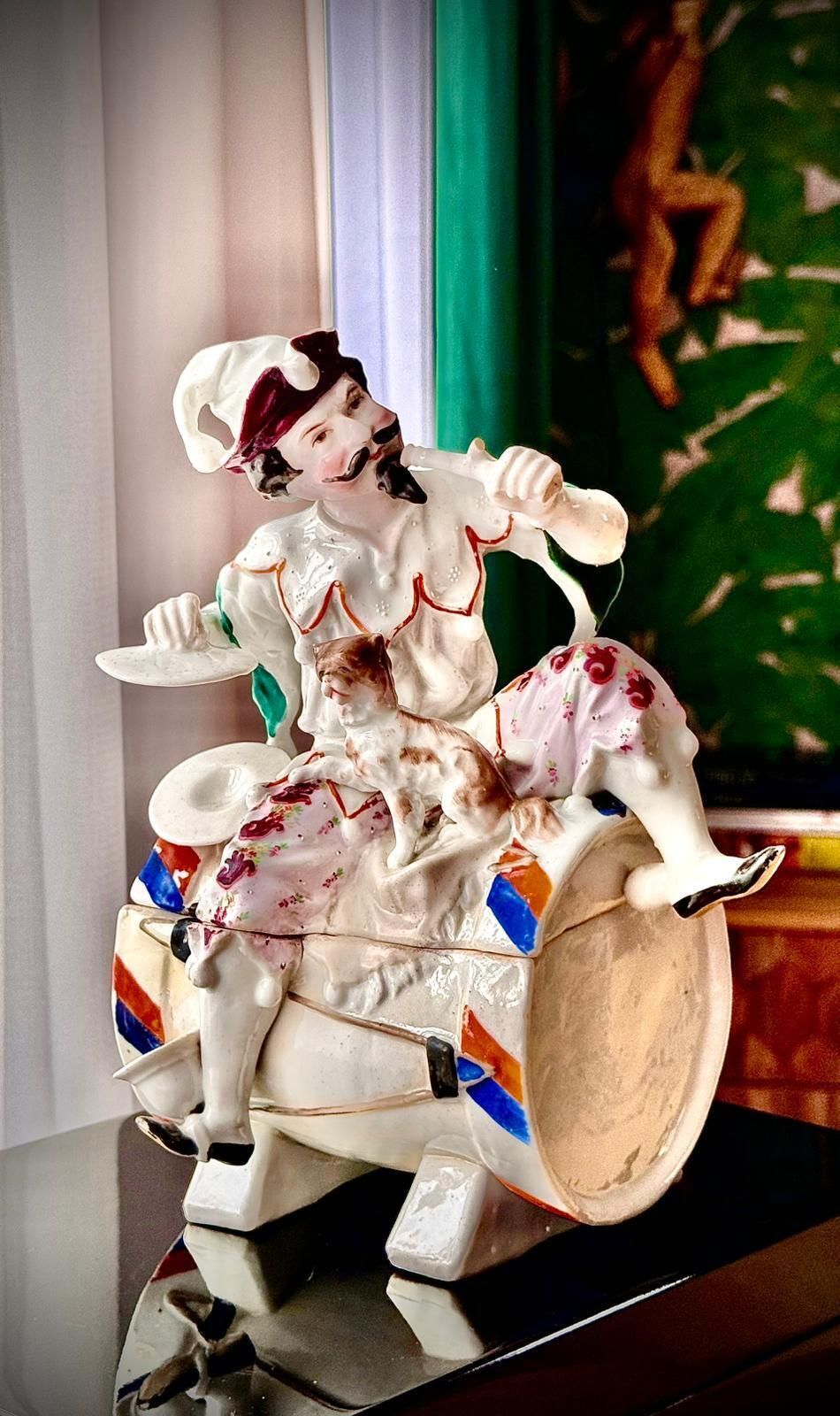 Antique Conta & Boehme Figural Tobacco Jar – German Jester On Drum With Cat photo vintage