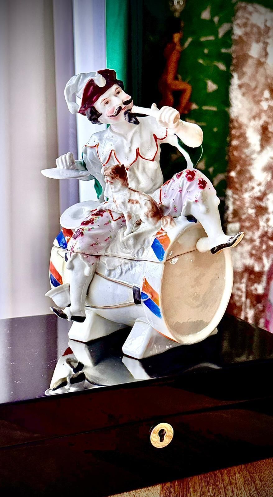 photo furniture Antique Conta & Boehme Figural Tobacco Jar – German Jester On Drum With Cat