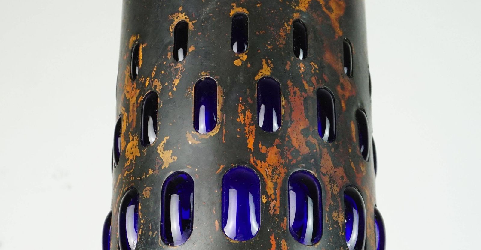 Mid Century Pendant Lamp In Flamed Copper And Blue Glass From The 1960s, 3 Available photo 217.0
